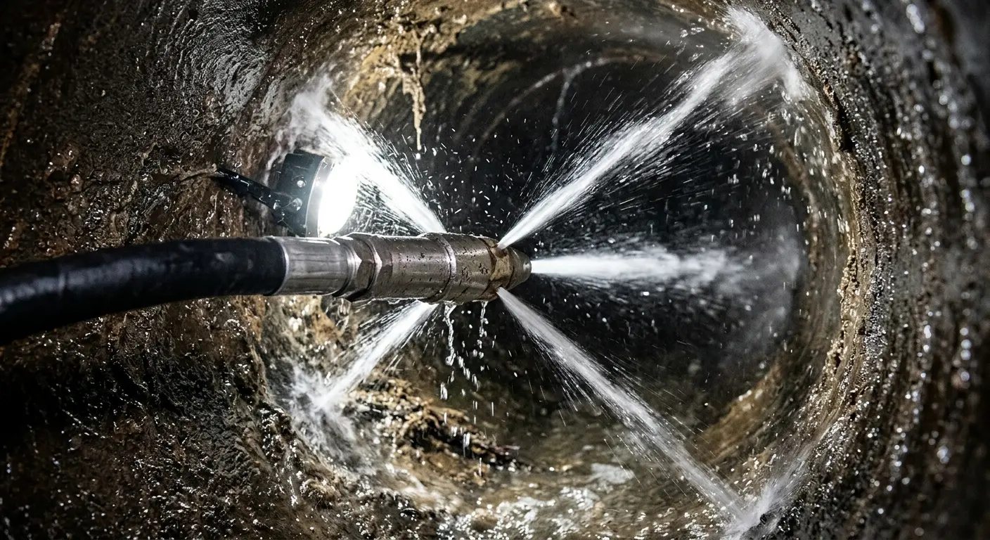 High-pressure hydro jetting nozzle cleaning sewer pipe for Trenchless Sewer Repair in Shelbyville